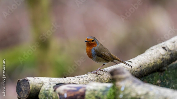 Fototapeta Photo showcases a robin resting on a moss-covered log in a forest. The bird's vibrant red chest contrasts beautifully with the muted background. Scotland, Lochwinnoch. Photo taken on 19.01.2025