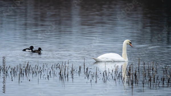 Fototapeta White swan and two ducks swimming in a calm lake. The stillness of the water and the surrounding reeds create a sense of tranquility. Scotland, Lochwinnoch Photo taken on 19.01.2025