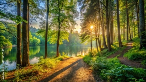 Fototapeta Dense forest trail surrounded by tall trees and vibrant green foliage leading to a serene lake at sunrise, scenery, trail