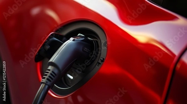 Fototapeta Close-up of a red electric car charging with a sleek design