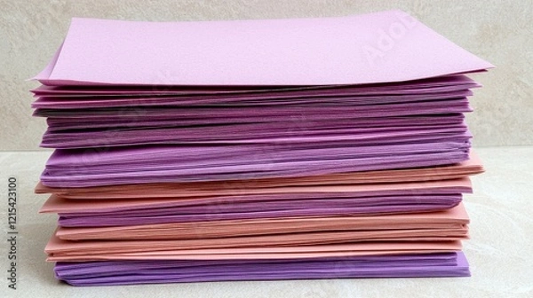 Fototapeta Layered Stack of Textured Craft Paper in Vibrant Shades of Purple and Peach