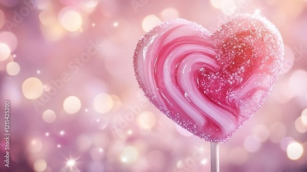 Obraz A pink heart-shaped lollipop with a sparkly border on a bokeh background