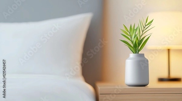 Fototapeta A cozy bedroom scene featuring a decorative plant in a modern vase beside a wooden nightstand, creating a serene and inviting atmosphere for relaxation.