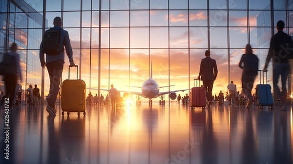 Obraz Silhouetted travelers with luggage in an airport terminal at sunset, showcasing a vibrant sky and airplane behind large glass windows, representing the journey and adventure of tra