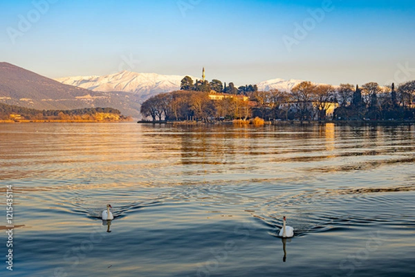 Fototapeta Two graceful white swans swimming in the lake of Ioannina, Greece. Snow covered mountains in the background and the minaret of Aslan Pasha Mosque.