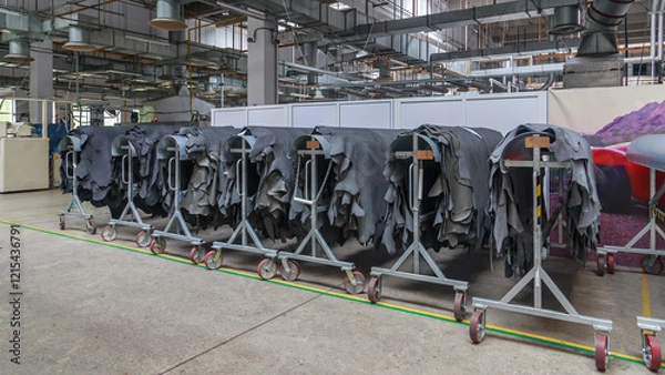 Fototapeta Workshop of leather making factory.