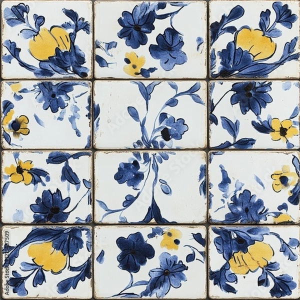 Obraz Tile with a blue and yellow flower pattern