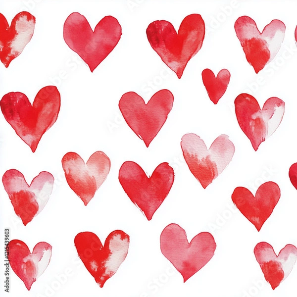 Fototapeta watercolor red hearts pattern on white background