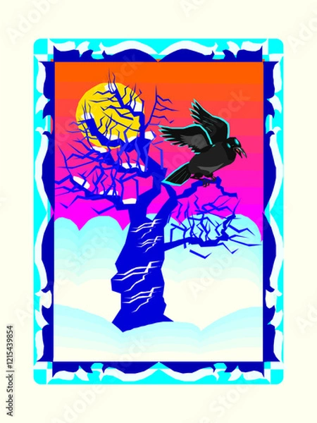 Fototapeta Frame with a tree and bird vector illustration