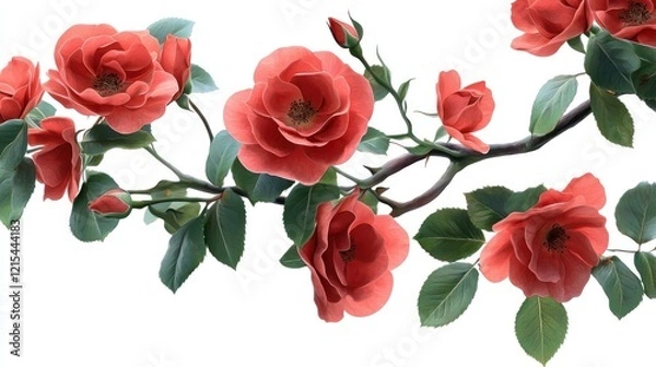 Fototapeta Close-up of beautiful red roses with green leaves, elegantly displayed on a pristine white background as a PNG cutout, isolated on a transparent background. The roses , with clean edges