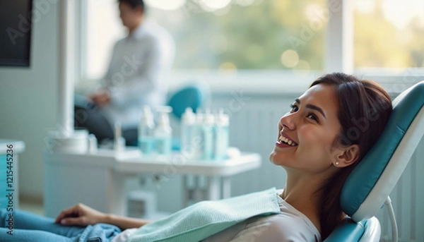 Obraz Smiling woman relaxing in dental chair against modern clinic background