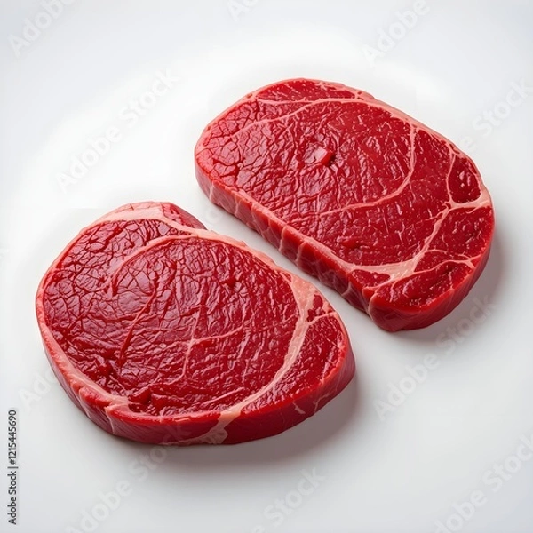 Fototapeta Two fresh, uncooked beef steaks, slightly overlapping, presented against a pure white background. Close-up, high-angle view. Steaks are a deep, rich red, displaying a slightly glossy, moist surface 