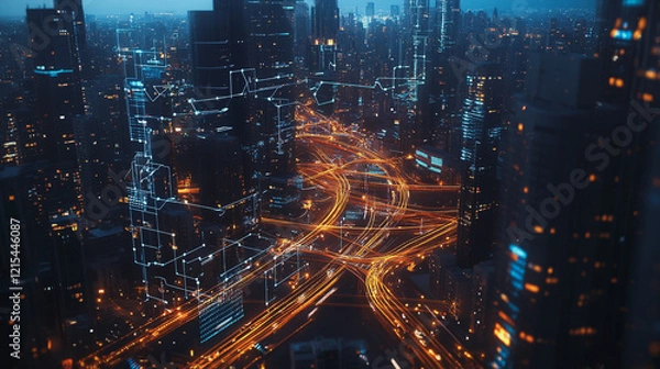 Fototapeta Smart digital Innovation city with connection network reciprocity over the twilight cityscape. of future smart wireless digital city and social media networking systems that connects people with city