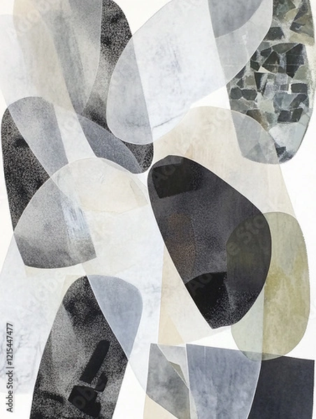 Fototapeta Abstract composition featuring gray and black shapes over a white background with a layered design