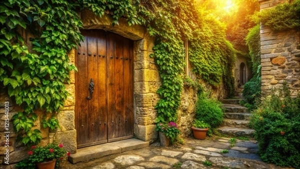 Fototapeta Rustic Village Doorway:  A charming old brown wooden door in a quaint village setting, inviting and rustic.