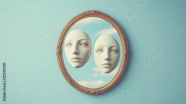 Fototapeta Surreal image of two floating faces in ornate mirror against blue sky background