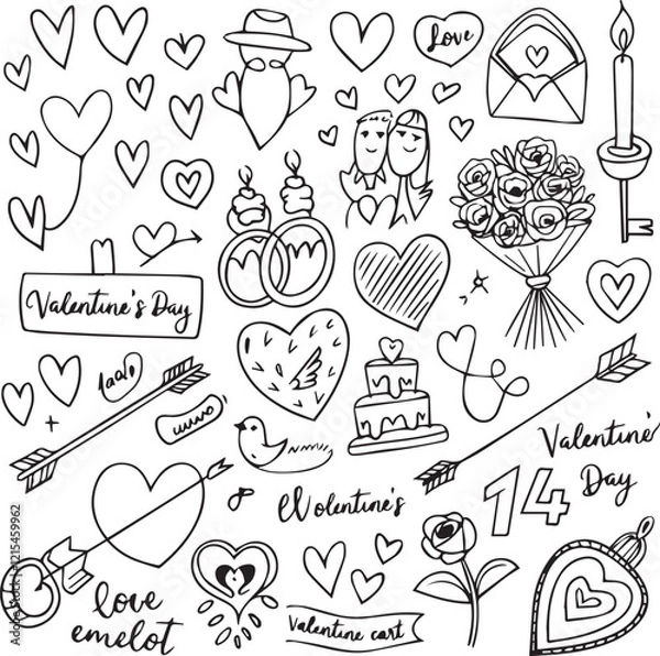 Obraz Valentine's Day doddle set in black hand drawing style