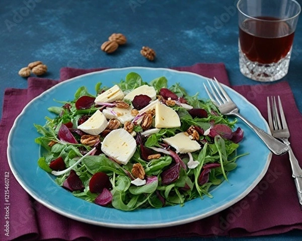 Fototapeta Arugula, Beet and cheese salad with fresh radicchio and walnuts on plate, dressing and spices on blue kitchen table background,