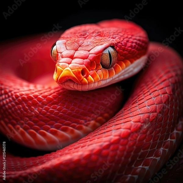Obraz Close-up of a vibrant red snake coiled on black background
