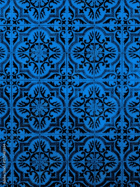 Fototapeta Traditional Portuguese tile pattern in blue and black with intricate symmetrical ornaments, inspired by classic azulejo designs with a raster effect.