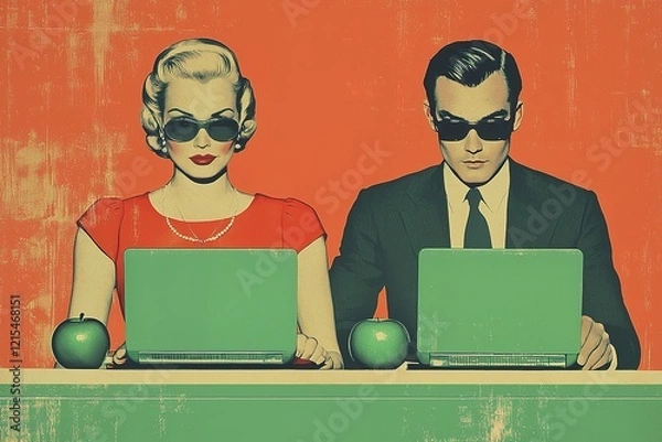 Fototapeta A retro-style image features a man and woman in sunglasses, working on laptops, with green apples on a table against an orange background.