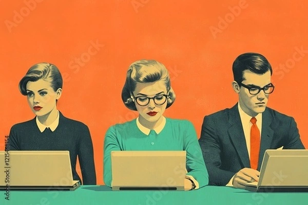 Fototapeta A retro illustration featuring three individuals, two women and a man, focused on their laptops against a vibrant orange background.