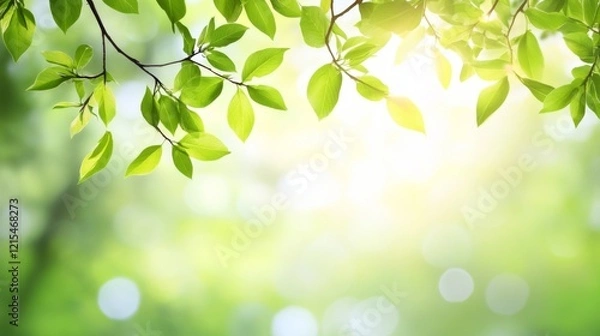 Obraz Delicate willow branches in fresh green, soft morning light, serene and minimalist Qingming Festival scene.