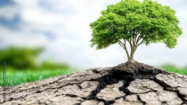 Obraz Small green tree growing on cracked, dry soil