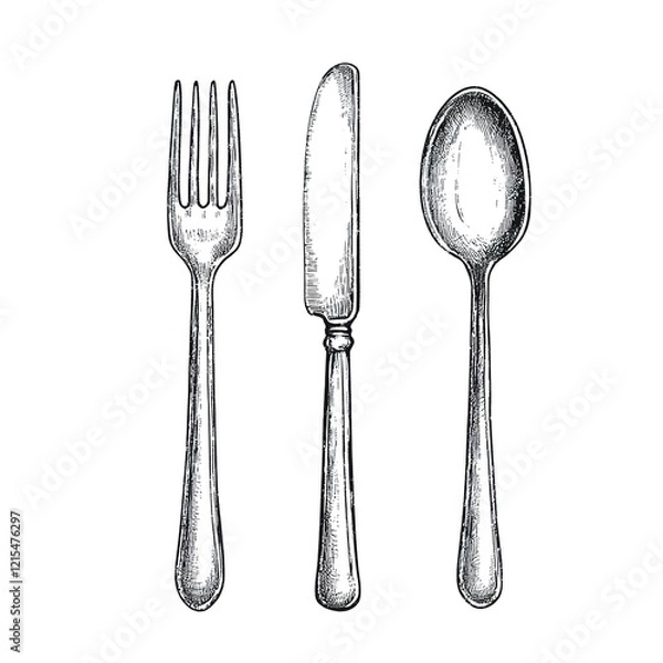 Fototapeta Fork, knife, and spoon hand-drawn vector illustration on a white background