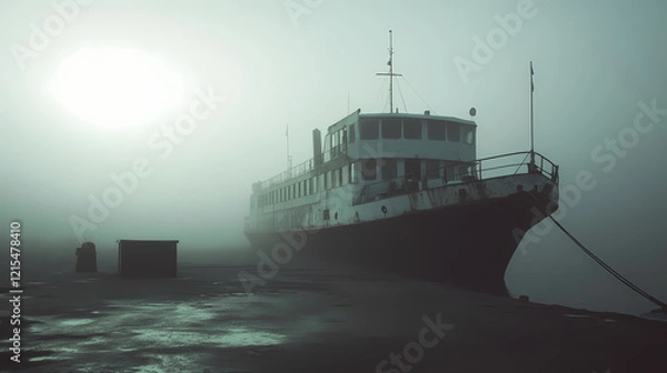 Fototapeta Mysterious foggy harbor: automobile ferry docked in thick mist - stock photo. Desert Haven. Illustration