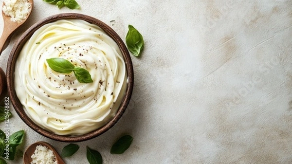 Obraz Creamy mayonnaise in bowl with basil leaves on rustic background