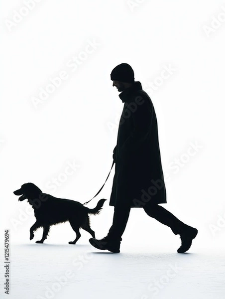 Obraz Black silhouettes of a man walking ้his dog on a white background.