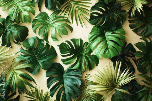 Fototapeta Seamless eco-friendly pattern of tropical leaves with lush greens on a beige background for sustainable design