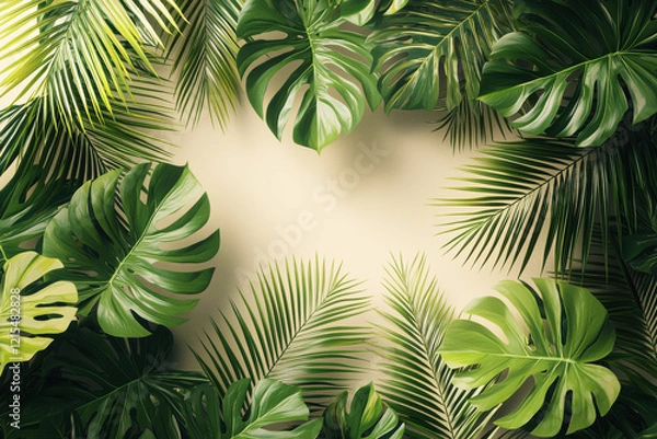 Fototapeta Seamless eco-friendly pattern featuring tropical leaves in lush green tones on a soft beige background