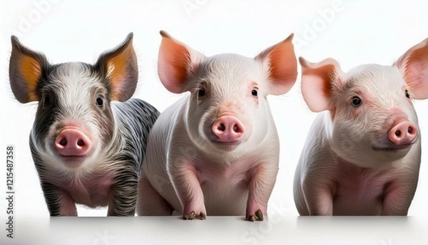 Fototapeta three pigs on a white background the image showcases different poses and angles of the animals emphasizing their natural textures and features perfect for farm or agricultural themes