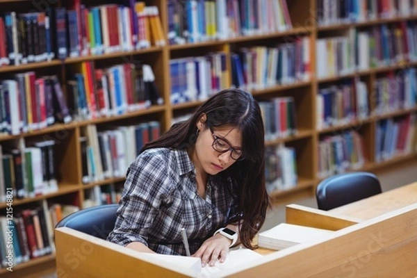 Fototapeta Female student writing notes in library