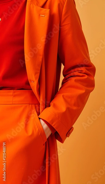 Fototapeta Closeup of a womans bright orange suit. The outfit includes a matching jacket, skirt, and top, showcasing a sleek, modern style. The fabric appears smooth and tailored.