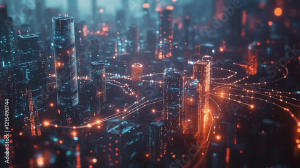 Fototapeta Smart digital Innovation city with connection network reciprocity over the twilight cityscape. of future smart wireless digital city and social media networking systems that connects people with city