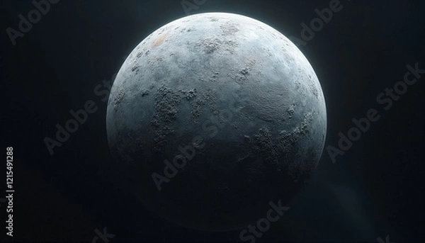 Fototapeta  icy moon-like planet with cratered surface in deep space, cold and mysterious celestial body illuminated by soft light in cosmic void