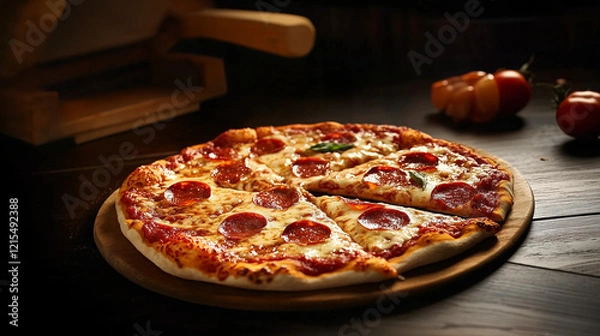 Fototapeta Delicious Pepperoni Pizza Freshly Baked With Toppings on Wooden Background