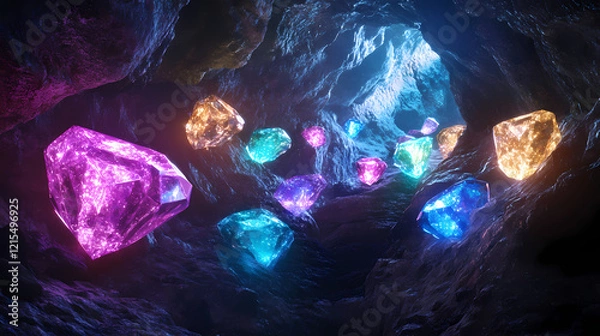Fototapeta A vast underground cavern where glowing gemstones are being extracted from the matrix using energy-based tools. Diamond Cavern. Illustration