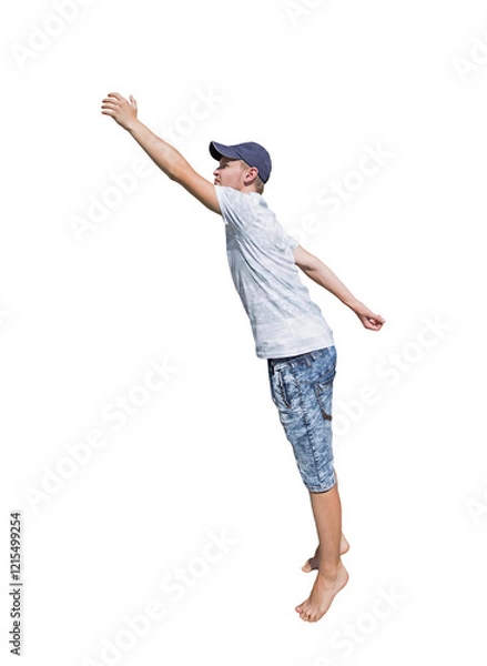 Fototapeta Side view full length young man hand stretched trying to reach to something isolated on transparent background