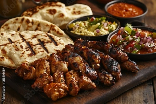 Fototapeta A close-up of a Pakistani mixed grill platter with chicken wings, kebabs, and seekh kebabs, served with a side of naan and vibrant sauces, placed on a rustic wooden table.