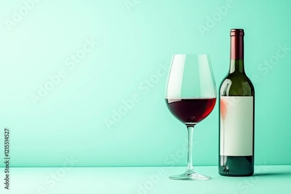 Obraz Elegant red wine bottle alongside filled glass on mint backgroun