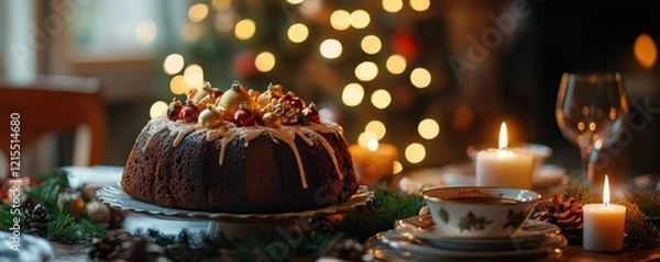 Obraz Festive holiday cake with icing on decorated table with candles and christmas tree