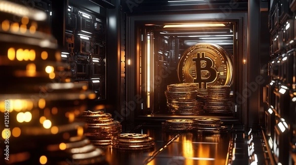Fototapeta Inside a cutting-edge fortress, a Bitcoin vault dazzles with massive golden coins arranged in a gravity-defying manner