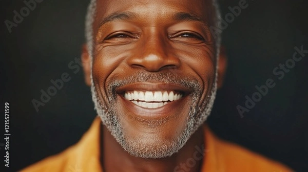 Fototapeta A handsome 60-year-old Black man beams with a radiant smile, highlighting his straight, healthy teeth. His casual yet elegant shirt complements his warm personality in a well-lit environment