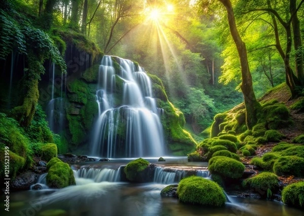 Fototapeta Serene Waterfall in Lush Forest: Mossy Rocks & Tranquil Nature Scene