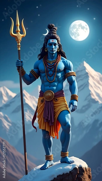 Fototapeta God Shiva with golden trident is standing atop of Kailash mountain set against starry night sky with a full moon
