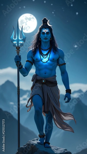 Fototapeta Lord Shiva stands on a rocky peak under a starry sky, surrounded by serene mountains, holding a glowing trident in his hand